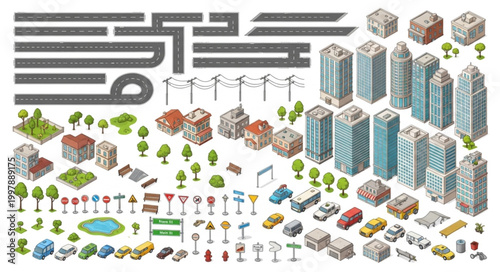 Isometric City Elements Collection for Urban Planning and Design.
