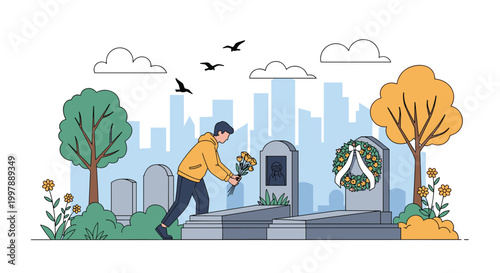 Man in a yellow hoodie laying a bouquet of flowers at a tombstone in a city cemetery with trees and flying birds on a cloudy day.