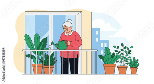 Elderly grandmother wearing glasses and a red sweater watering various potted green plants on a city balcony for gardening hobby.