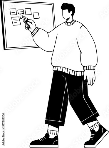 Young man organizing task board project planning illustration isolated on white