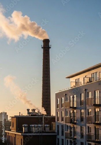 Golden Hour Glow: Industrial Chimney Billows Against Modern Architecture