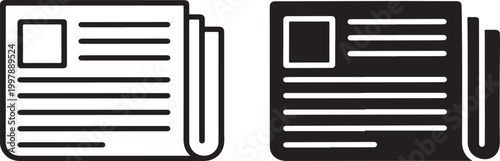 Two newspaper featuring outline and solid black styles with folded edges and text lines, isolated on a white background