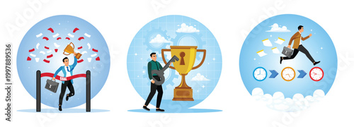 Entrepreneurs celebrate success, determination and effort, complete work within a time limit.