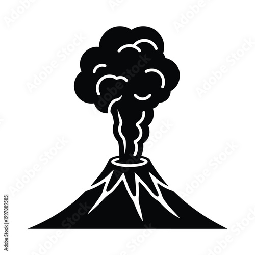 Volcano eruption icon with smoke and lava flow silhouette