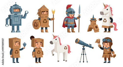 Group of diverse children wear creative costumes made from recycled cardboard including a robot, knight, unicorn, and pilot.