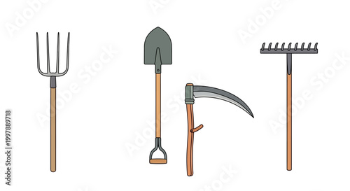 Gardening Tools Set: Pitchfork, Shovel, Scythe, Rake on White Background