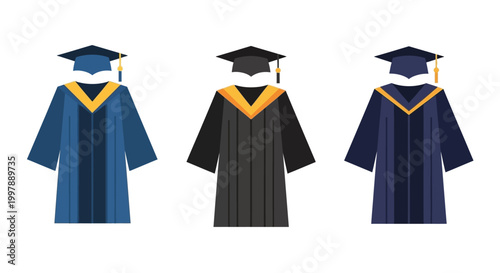 Graduation gowns and caps in blue, black, and navy colors