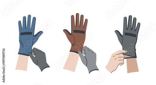 Hands putting on protective gloves: blue, brown, and gray work gloves shown