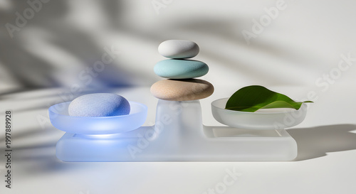 boy playing with toy car, zen stones and green leaf, Zen Stone Balance Concept with Glowing Blue Orb and Green Leaf on Minimalist White Pedestal