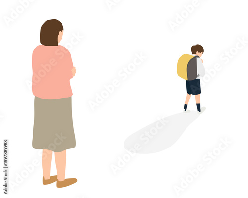 一人で歩く小学生の男の子を見守る母親のイラスト
