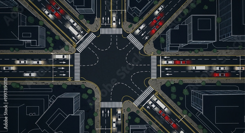 Aerial View of a Busy City Intersection at Night.