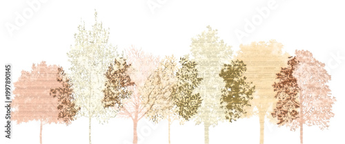 Architectural Drawing Set of Minimal CAD Trees, Autumn Wetland Forest Section Side View Outline for Landscape Design, Clean Line Vector Illustration with Separate Elements