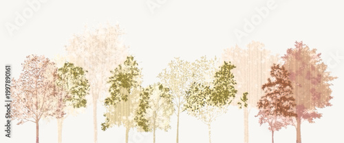 Architectural Minimal CAD Tree Autumn Line Drawing Set, Wetland Forest Section Outline Side View Elements for Landscape Design, Vector Illustration with Separate Editable Elements