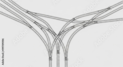 Multiple train tracks diverging and converging in a complex network.