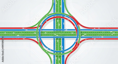 Abstract illustration of a complex road intersection with multiple lanes.