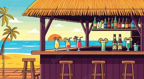 Tableau sur toile A beachside bar with colorful drinks and bottles