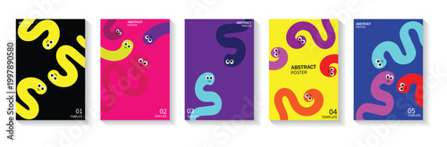 A vibrant set of five abstract posters featuring playful,colorful squiggles and bold topography.  abstract book covers featuring worm-like shapes and wavy patterns on different colored backgrounds. 