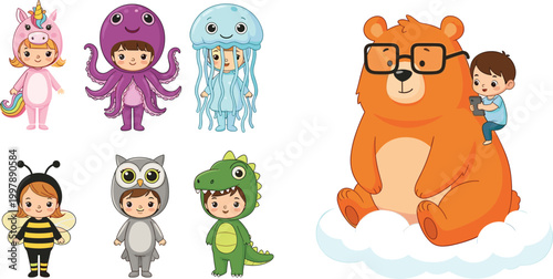 Cute kids in animal costumes and big bear character vector illustration with unicorn octopus jellyfish dinosaur and fantasy cartoon set