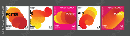  A set of five abstract poster templates featuring vibrant orange, red, and yellow color gradient and modern typographic overlapping shapes.Suitable for social media posts,event flyers,banner,brochure