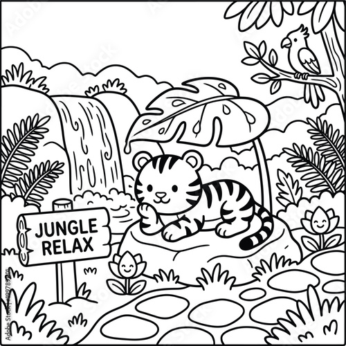 Quadro su tela Bold and Easy Tiger Coloring Page - Cozy Moment Cute Kawaii Wild Animal Minimali