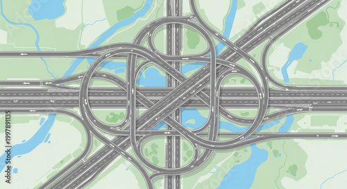 Complex highway interchange seen from above with multiple lanes and ramps.