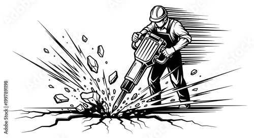 Construction worker using jackhammer breaking surface vector illustration