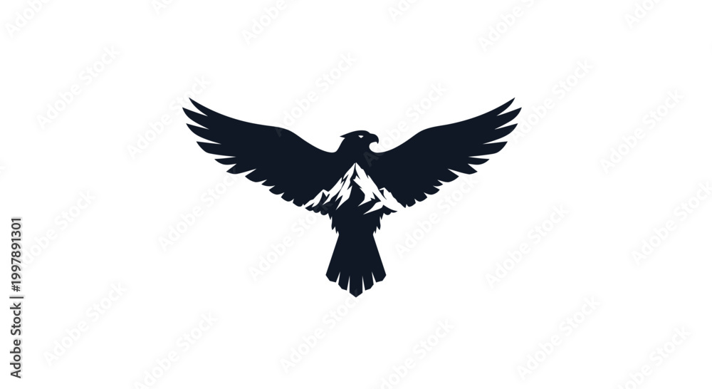 Fototapeta premium Eagle silhouette with mountain landscape inside, spread wings, white background