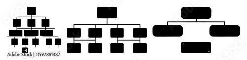 Sitemap icon set with solid black icon on white background featuring hierarchical nodes, connections, lines with outline and minimalist design