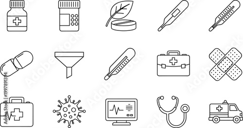 Black and white healthcare line icons featuring medical treatment, diagnostics, hospital equipment, wellness services, and professional healthcare support concepts