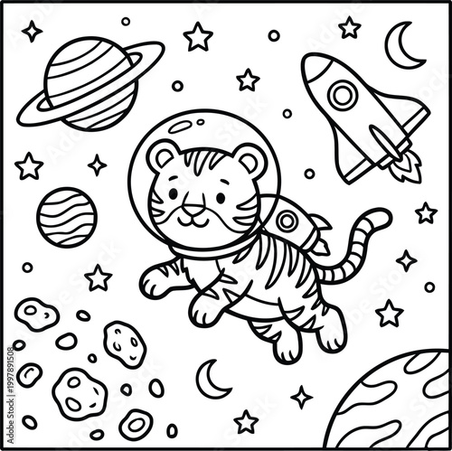 Fotografie Bold and Easy Tiger Coloring Page - Cozy Moment Cute Kawaii Wild Animal Minimali