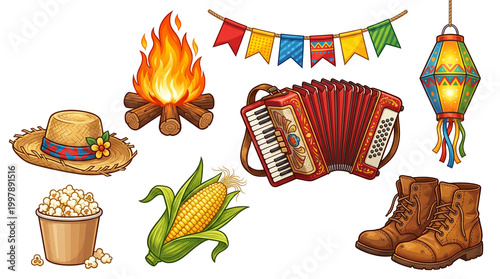 São João Festival Elements Set Cartoon Illustration Isolated