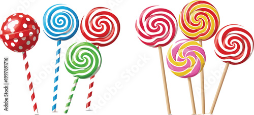 Set of colorful lollipops vector illustration featuring spiral swirl candy on sticks with bright patterns for confectionery design kids treats and sweet dessert themes
