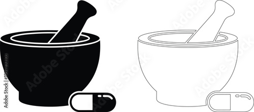 Vector silhouette of mortar and pestle with pills pharmaceutical illustration