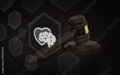 Photography A 3D rendered wooden judge gavel placed next to a glowing holographic brain and