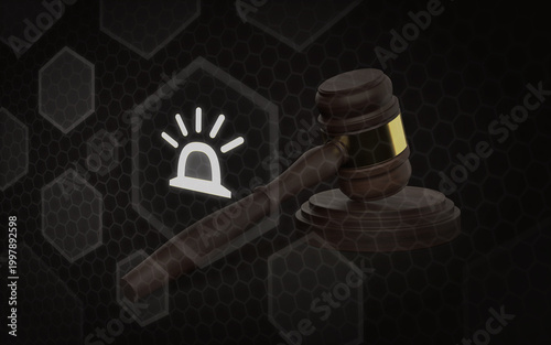 Canvastavla 3D render of a wooden judge gavel with a glowing warning siren icon in a digital
