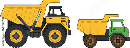 Set of construction dump trucks vector illustration featuring heavy duty mining vehicles and smaller tipper truck for industrial transport and excavation work
