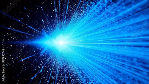 Blue particle cluster radiating bright light beams on dark background