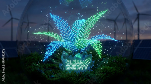 Clean Energy Growth: A vibrant display of a glowing plant inside a glass orb. The image symbolizes the growth and sustainability of clean energy. With wind turbines and solar panels in the backdrop.
