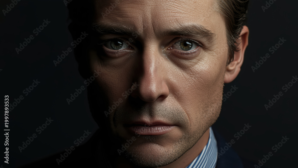 Obraz premium Serious middle aged man portrait with dramatic lighting and textured skin