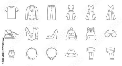Fashion accessories and clothing icons.
