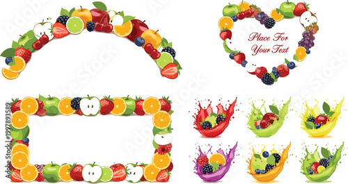 Colorful fresh fruit vector frames and splashes set featuring berries citrus apple grape and tropical elements for healthy food design