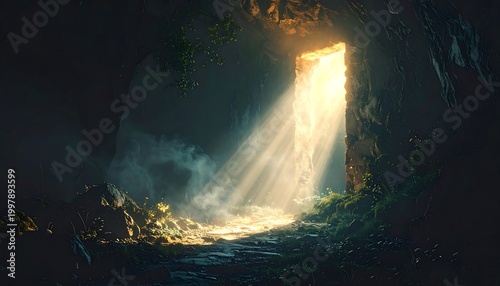 Dramatic light beams pour through an ancient stone portal in a mysterious dark cave