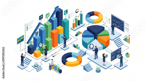 Isometric illustration of business data analytics and financial growth chart