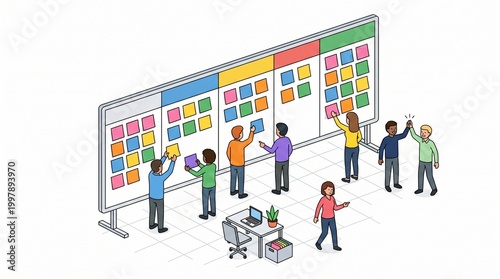 Isometric illustration of agile project management with task board