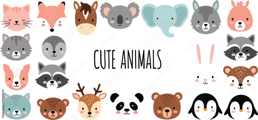 Fototapeta premium Cute animals faces collection vector illustration with fox cat koala elephant panda penguin raccoon deer cartoon characters set