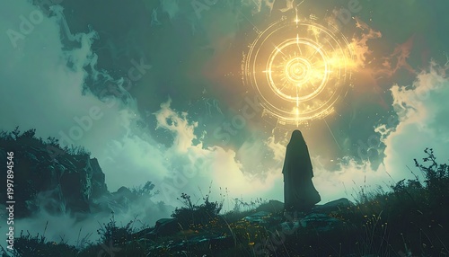 A mystical figure stands on a hill gazing at a radiant glowing orb in the cloudy sky.