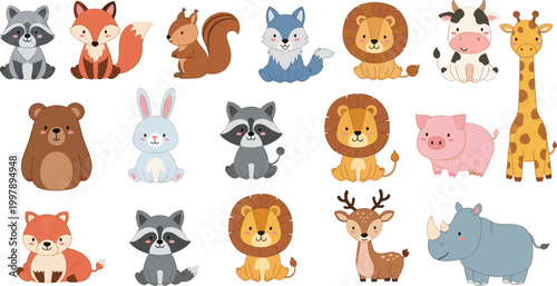 Cute cartoon animals collection vector illustration with fox raccoon lion giraffe cow pig rhino deer bunny and forest wildlife characters set