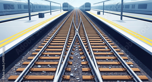 Train Tracks Converging at a Station with Trains in the Distance.
