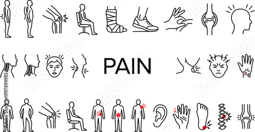 Pain symptoms icons set human body aches injury areas medical discomfort health problem illustration vector design