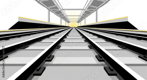 Perspective view of empty train tracks leading to a bright horizon.